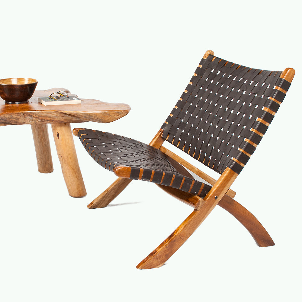Lounge-Stuhl ATANI Leder Dark-Brown 65x75x75cm Teak klappbar