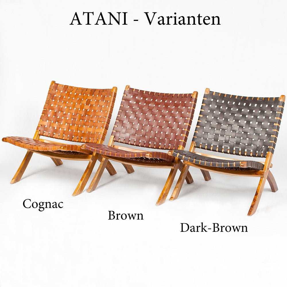 Lounge-Stuhl ATANI Leder Dark-Brown 65x75x75cm Teak klappbar