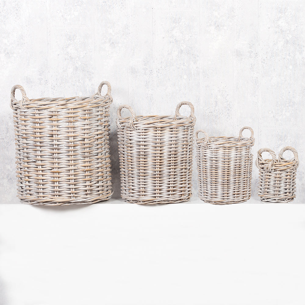 2er Set Natur-Rattankorb BAKUL rund White-Wash ca. 20cm