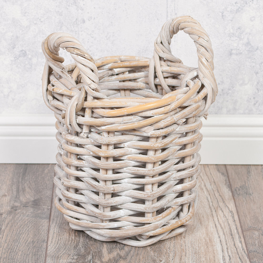 2er Set Natur-Rattankorb BAKUL rund White-Wash ca. 20cm