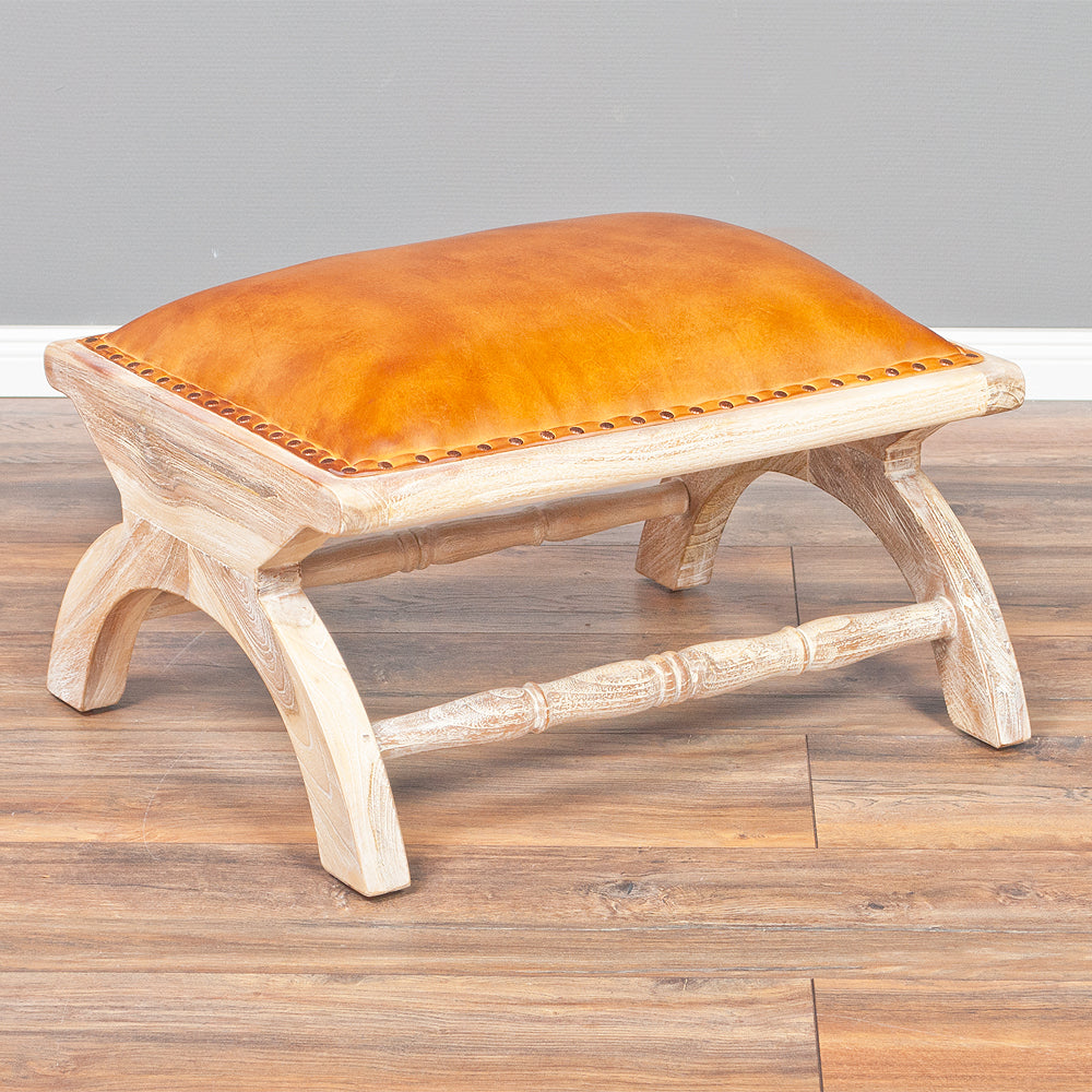 Ledersessel BAHIA Teak White Wash mit Hocker