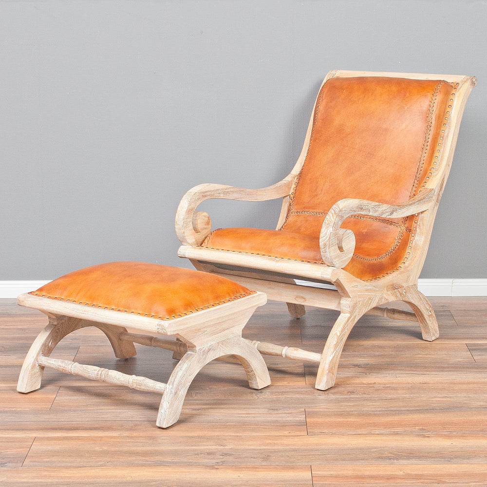 Ledersessel BAHIA Teak White Wash mit Hocker