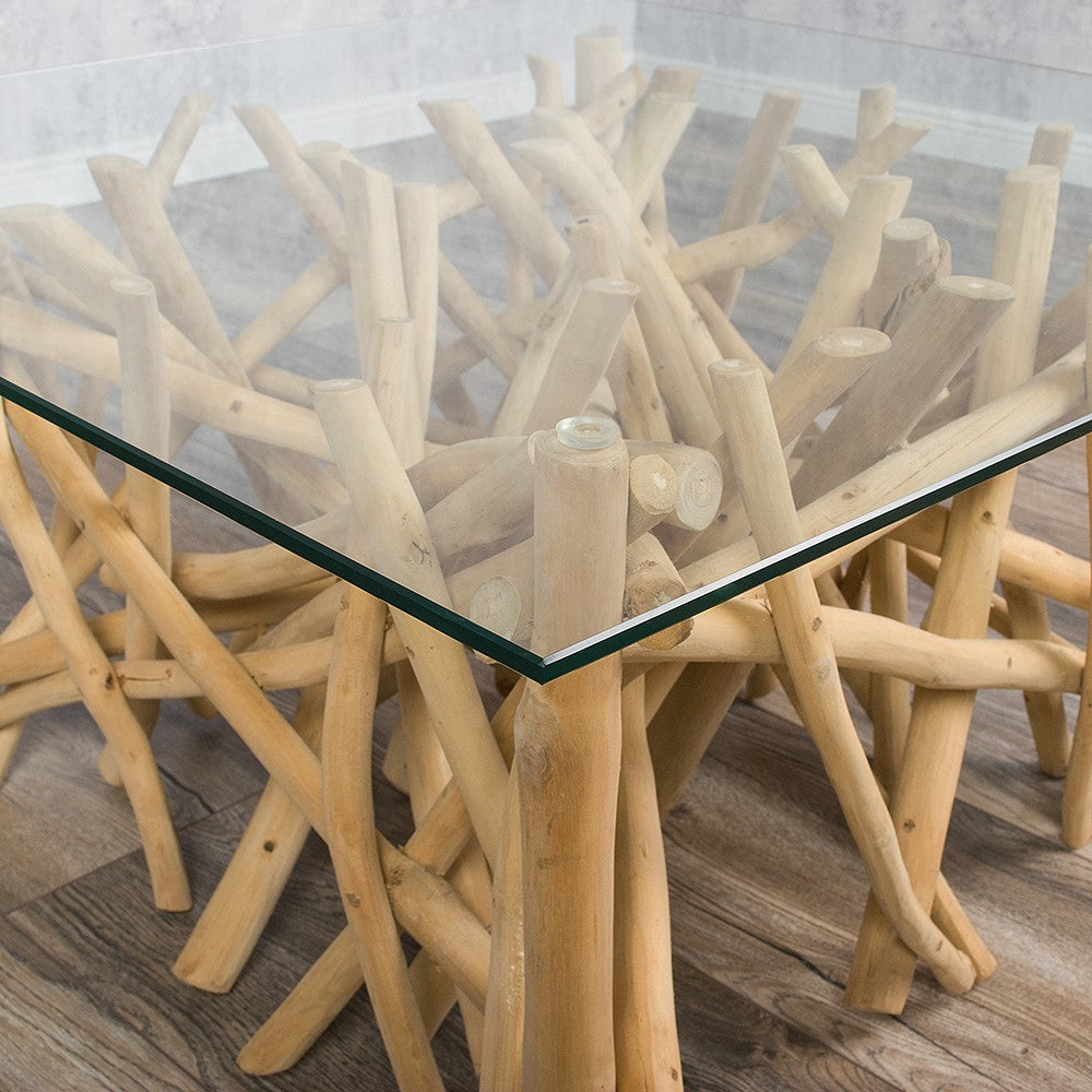 Teakholz Couchtisch DRIFT 80x80cm (oder kleiner) Glasplatte Natural