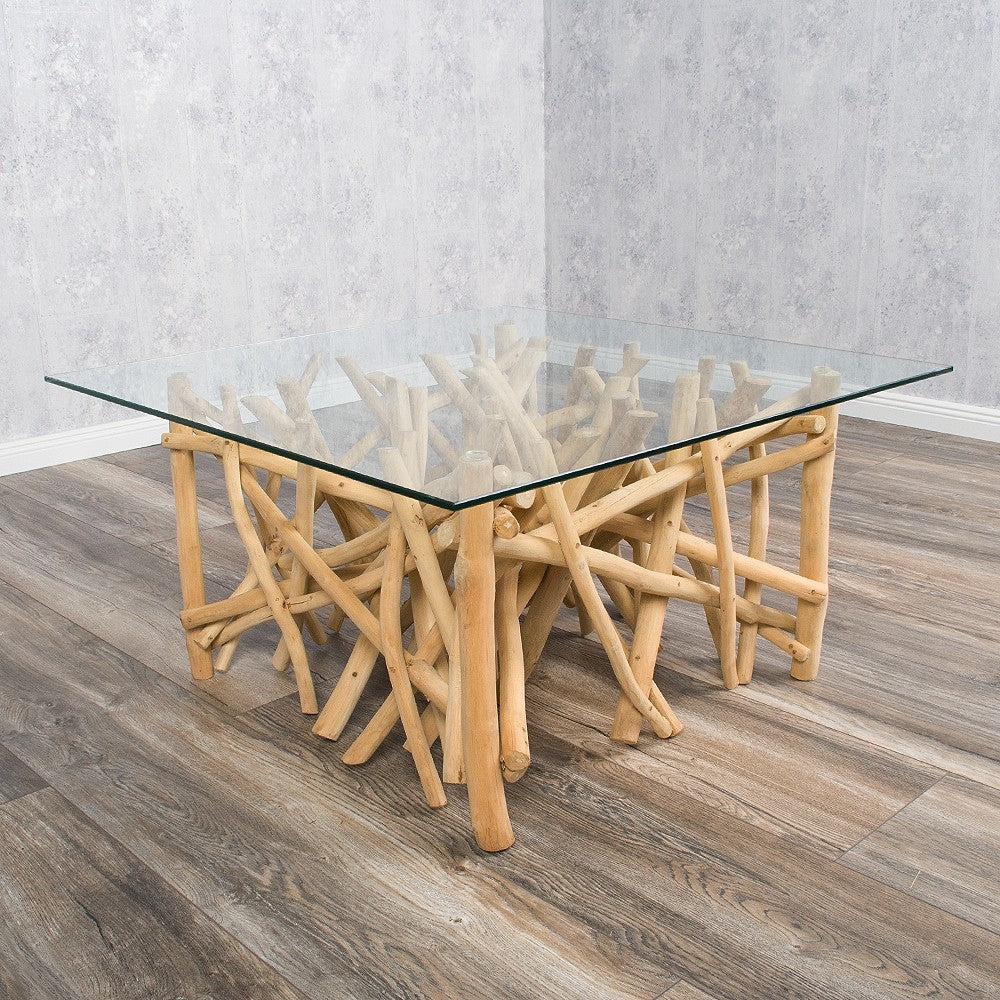 Teakholz Couchtisch DRIFT 80x80cm (oder kleiner) Glasplatte Natural