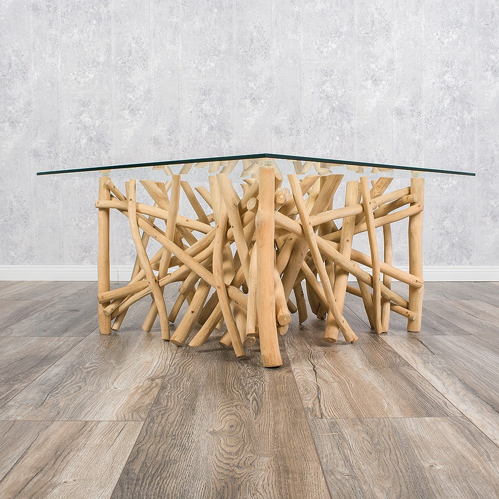 Teakholz Couchtisch DRIFT 80x80cm (oder kleiner) Glasplatte Natural