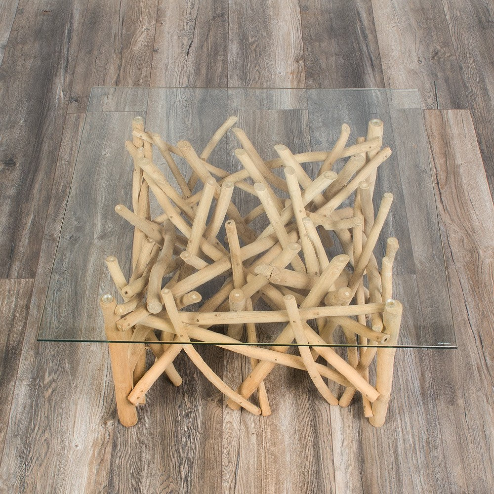 Teakholz Couchtisch DRIFT 80x80cm (oder kleiner) Glasplatte Natural