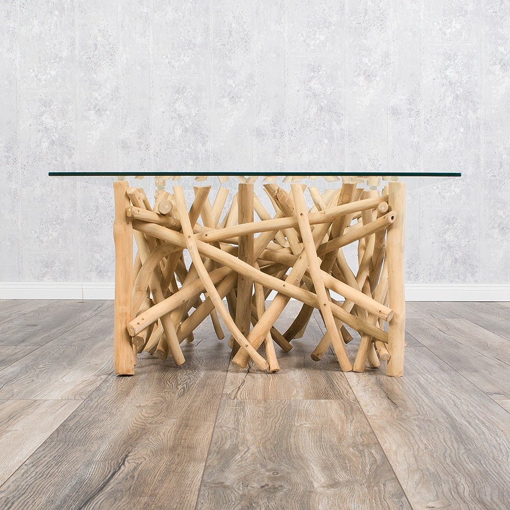 Teakholz Couchtisch DRIFT 80x80cm (oder kleiner) Glasplatte Natural