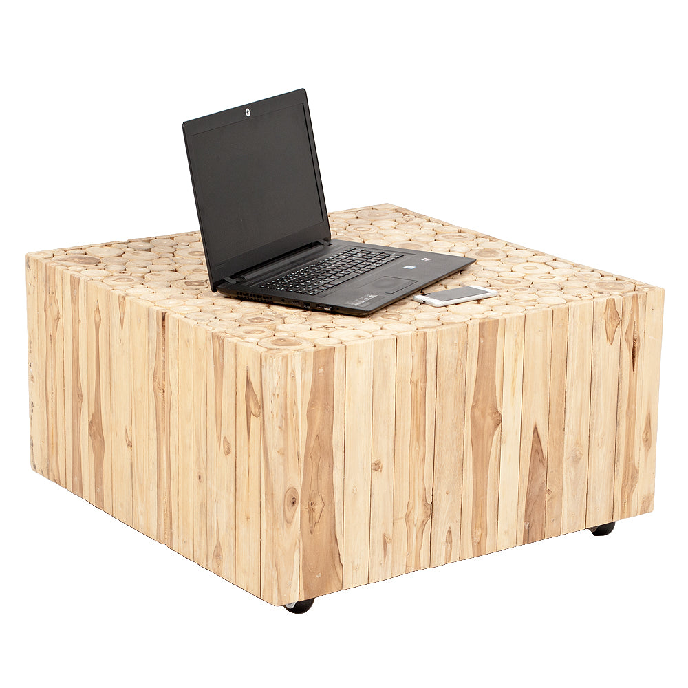 Moderner Teak Couchtisch EVA 80x80cm Natural auf Rollen