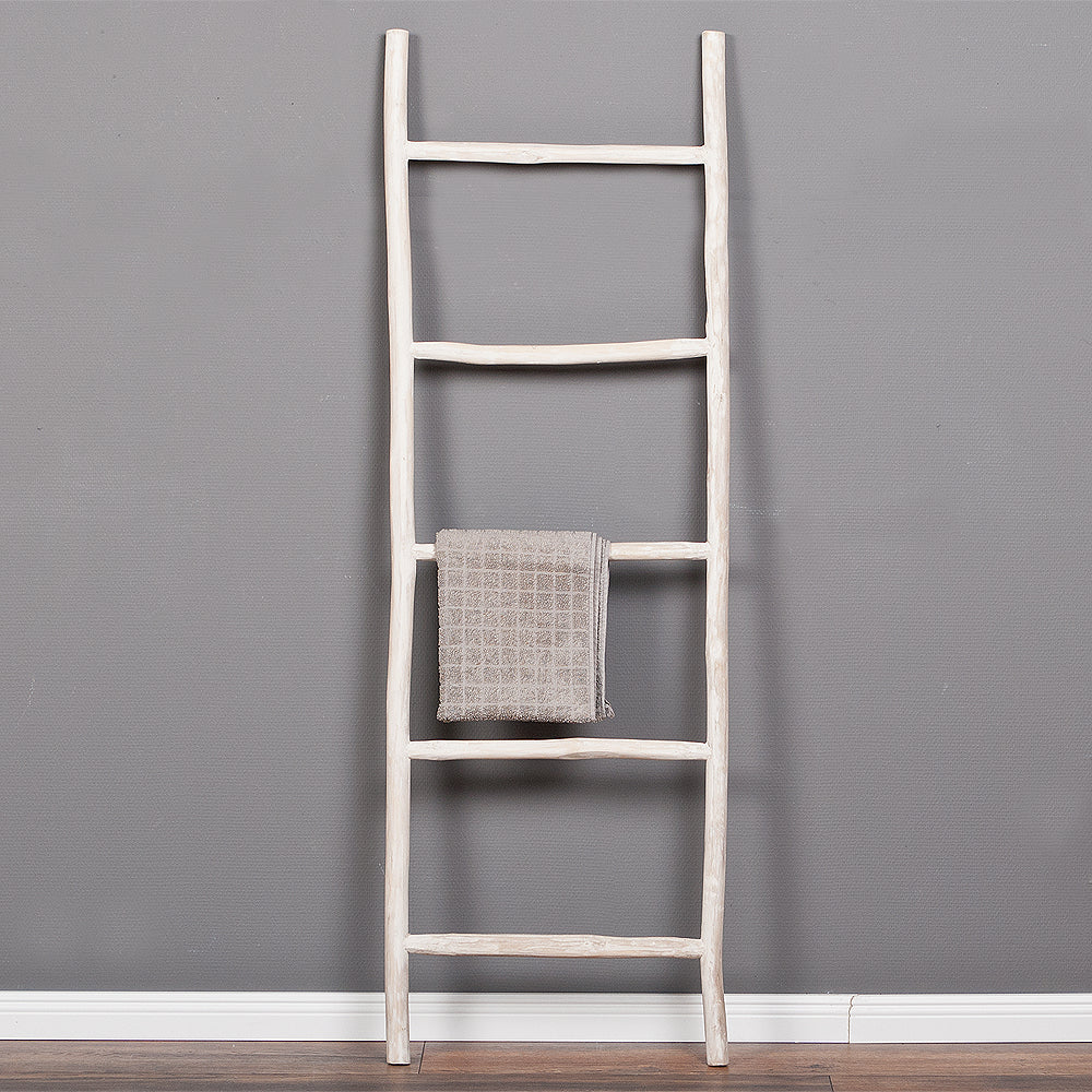 Deko-Leiter KEPALA H150cm White-Wash Teak Handtuchhalter Kleiderständer