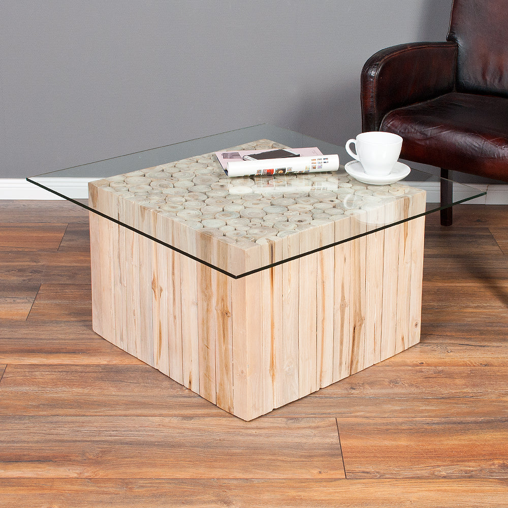 Teak Couchtisch JEFF mit Glasplatte 70x70cm Massivholz
