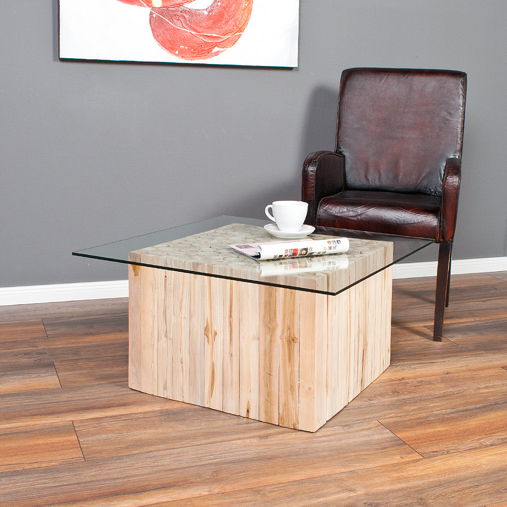 Teak Couchtisch JEFF mit Glasplatte 70x70cm Massivholz