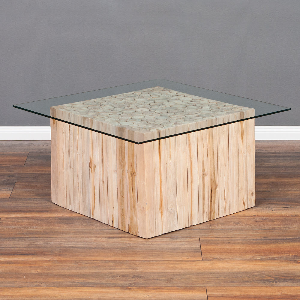 Teak Couchtisch JEFF mit Glasplatte 70x70cm Massivholz