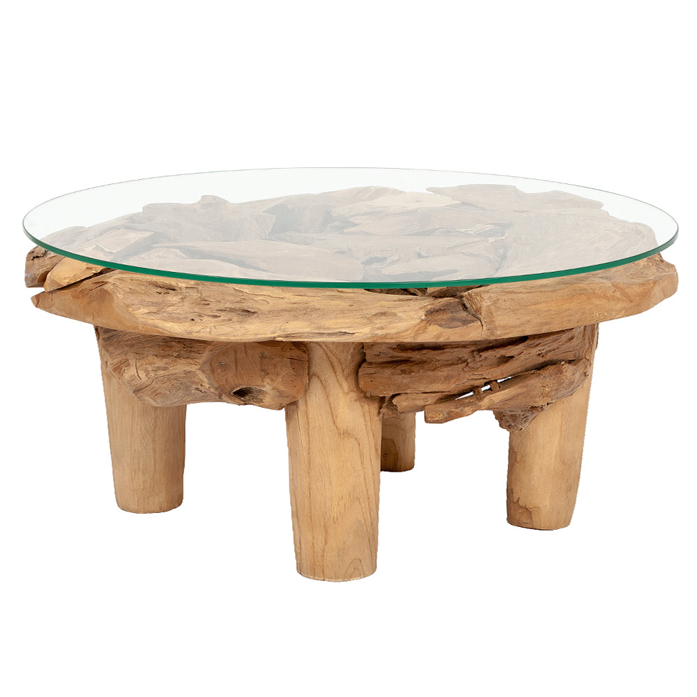 Teakwurzel Couchtisch BOSCO 80cm Natural Massivholz Glasplatte