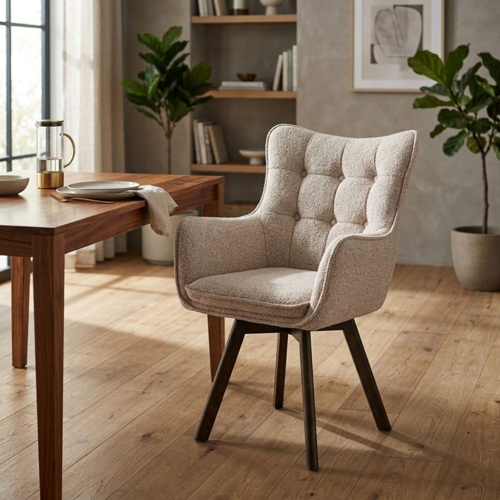 Drehbarer Stuhl ODIN beige Strukturstoff Eichenholz Gestell