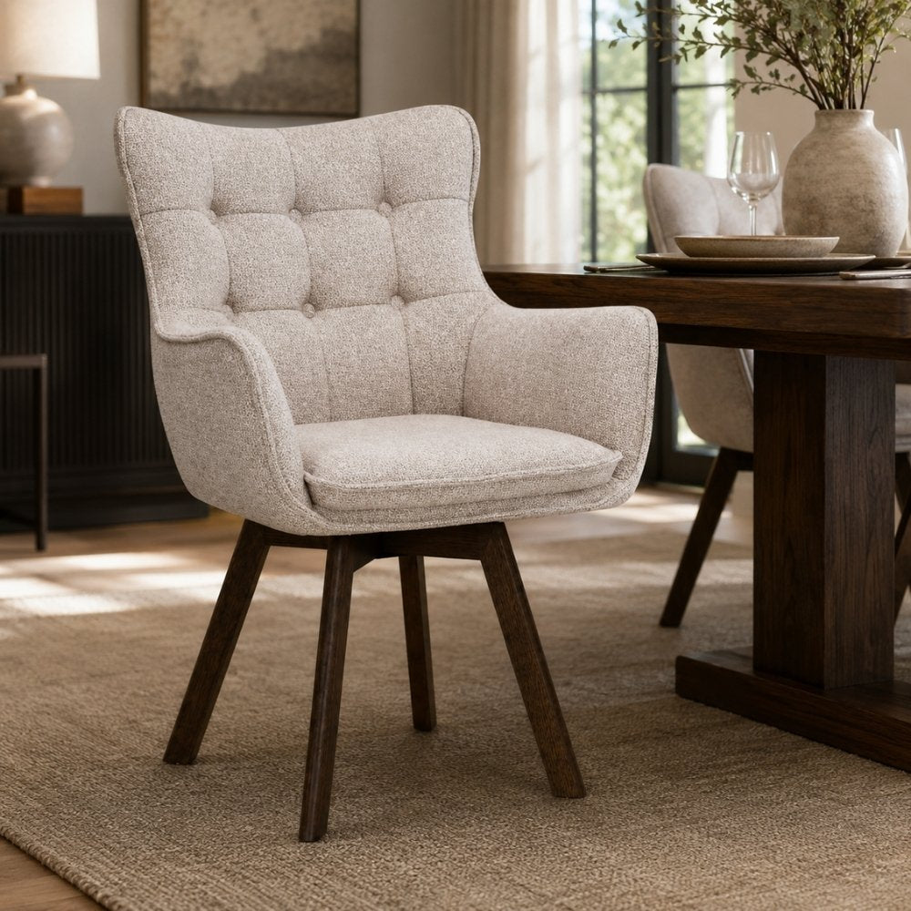 Drehbarer Stuhl ODIN beige Strukturstoff Eichenholz Gestell