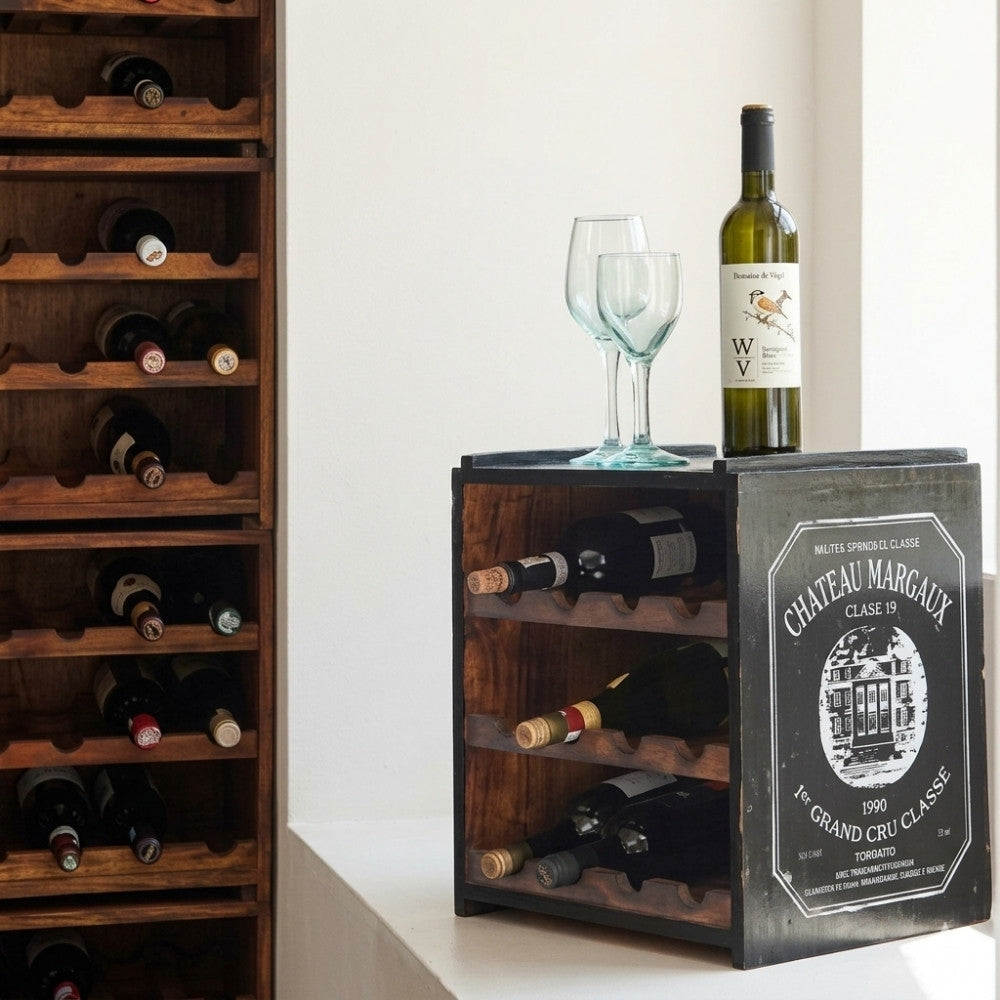 Flaschenbox SURAT Antique-Schwarz 40cm Mahagoni Shabby Weinregal
