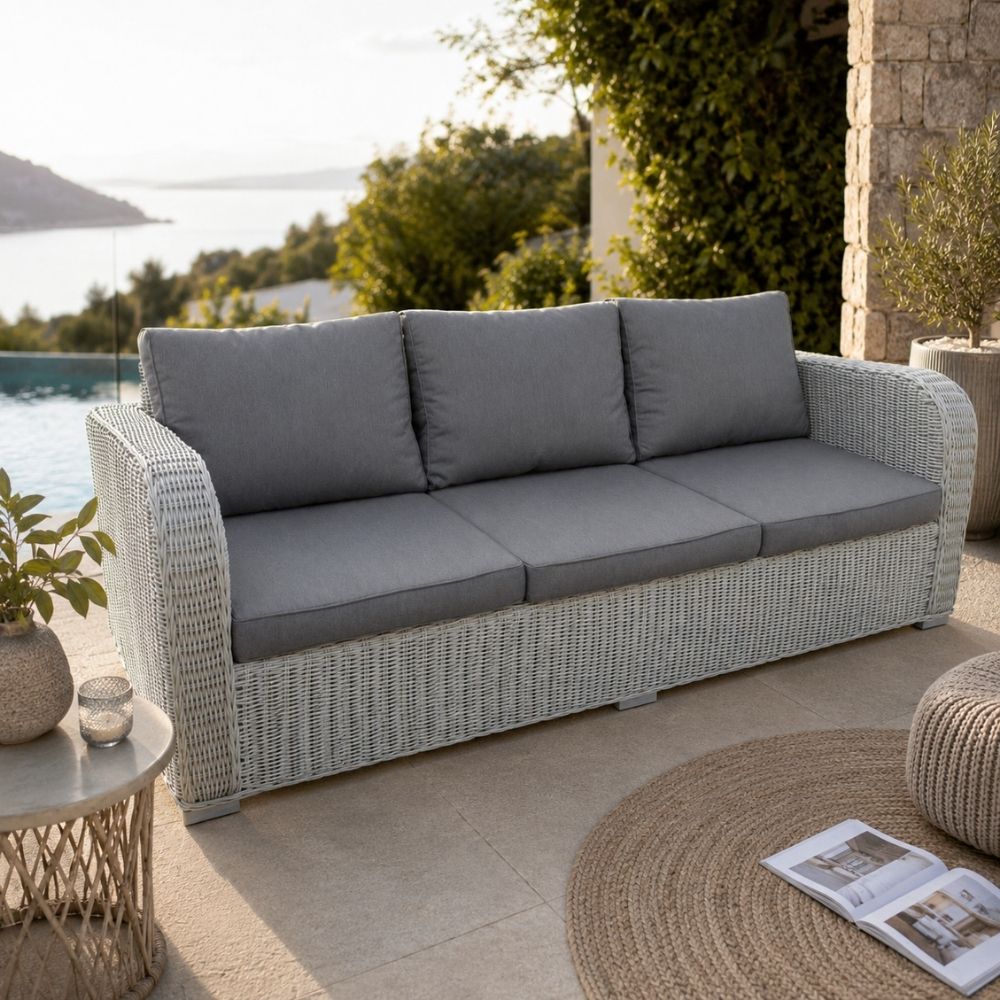 3er Lounge Sofa VITA rundes Polyrattan Eierschalenweiß Gartenmöbel