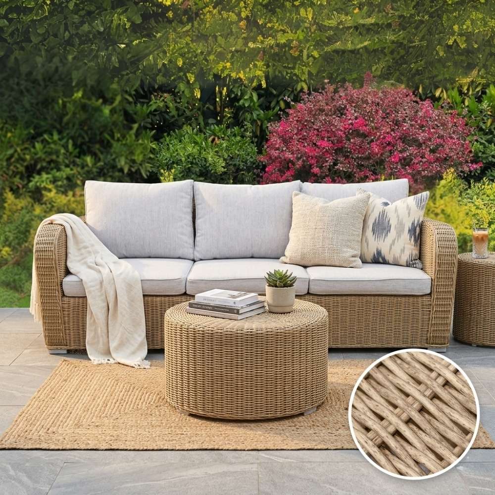 3er Lounge Sofa VITA 210cm rundes Polyrattan Natural Gartenmöbel