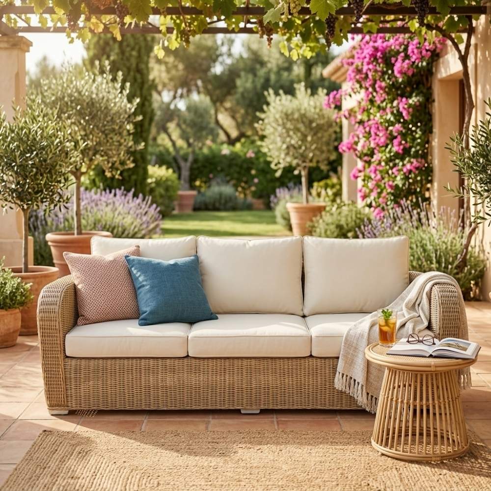 3er Lounge Sofa VITA 210cm rundes Polyrattan Natural Gartenmöbel