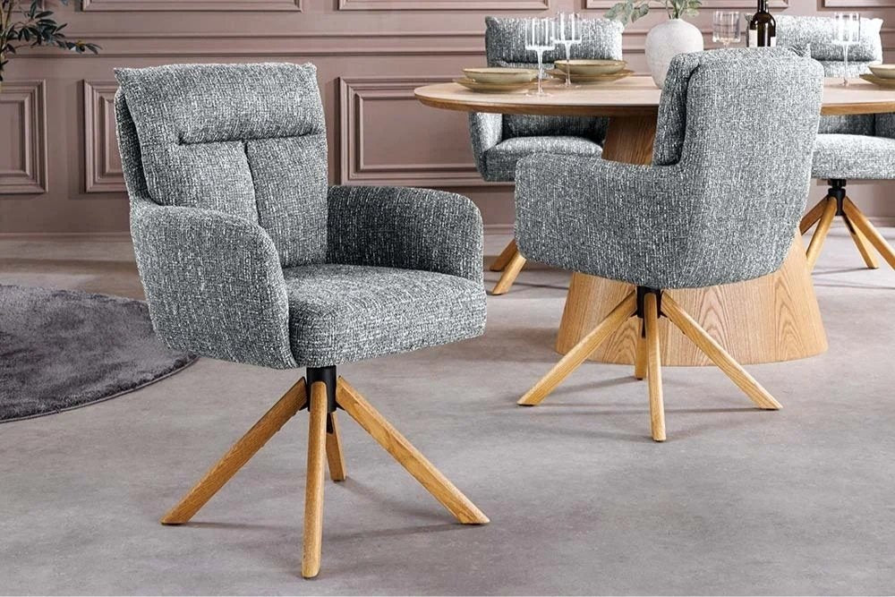 Drehbarer Stuhl CHARLES grün-grau Strukturstoff Eichenholz