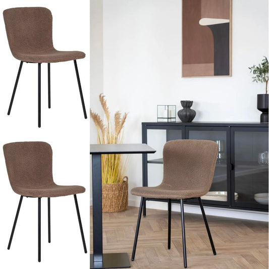 2er Set - Retro Stuhl HANNA braun Bouclé-Stoff schwarze Beine