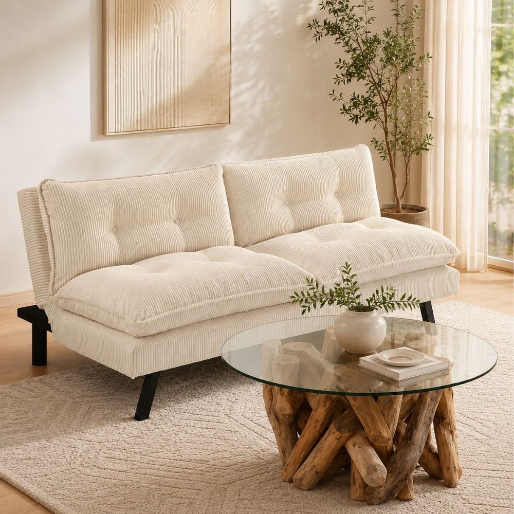 Schlafsofa CAPULO Beige Cord 190cm 3-Sitzer Couch modern