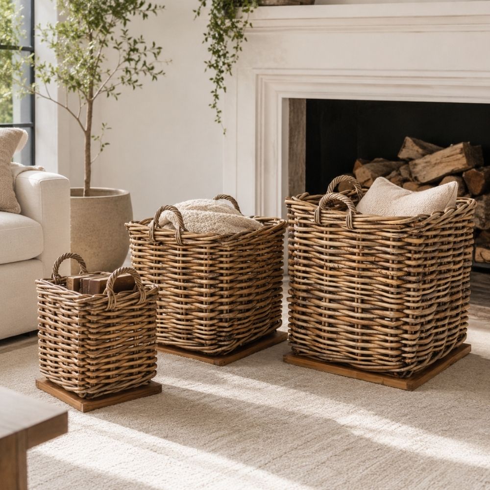 Dickes CL Rattan Korb CESTINO braun ca.85cm Teakbodenplatte