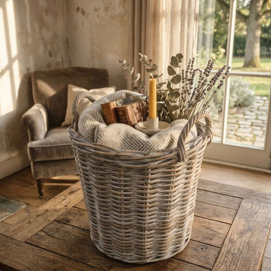 Natur Rattankorb BAKUL rund White Wash 30cm Pflanzkorb Inlay Griffe