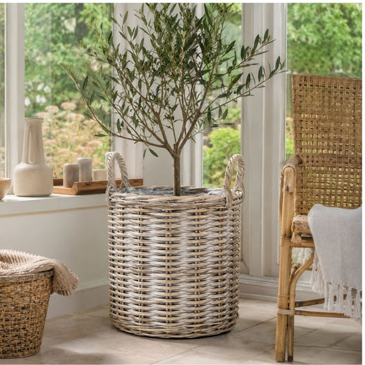 Natur Rattankorb BAKUL rund White Wash 40cm Pflanzkorb Inlay Griffe