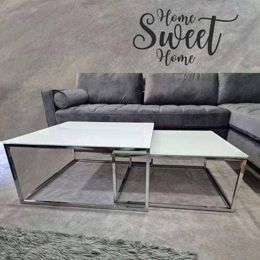 2er Set Design Couchtisch MENTO 75cm Sicherheitsglas 8mm Chrom