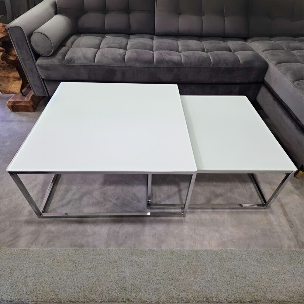 2er Set Design Couchtisch MENTO 75cm Sicherheitsglas 8mm Chrom