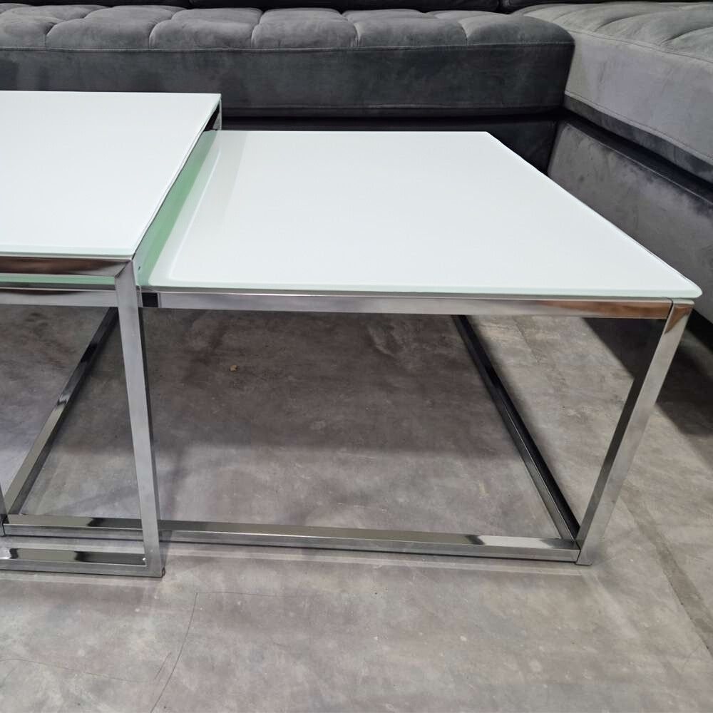 2er Set Design Couchtisch MENTO 75cm Sicherheitsglas 8mm Chrom