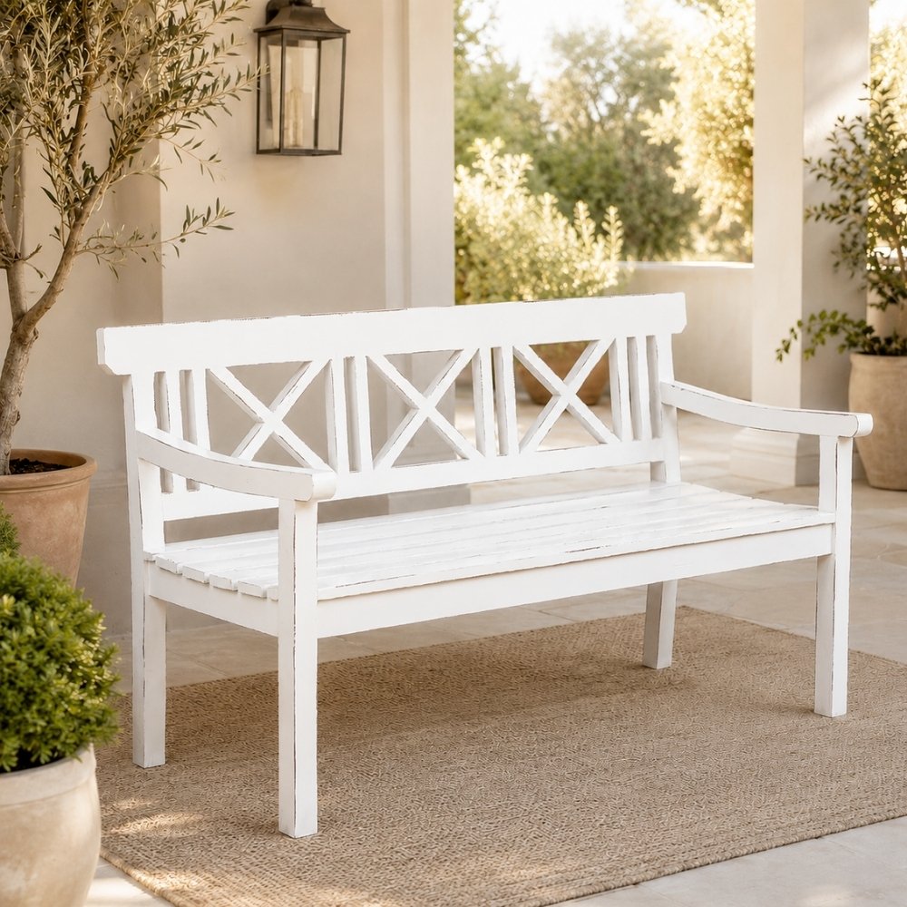 Massivholz 3-Sitzer Bank DRAHMA Antik-Weiß 150cm Shabby-Look