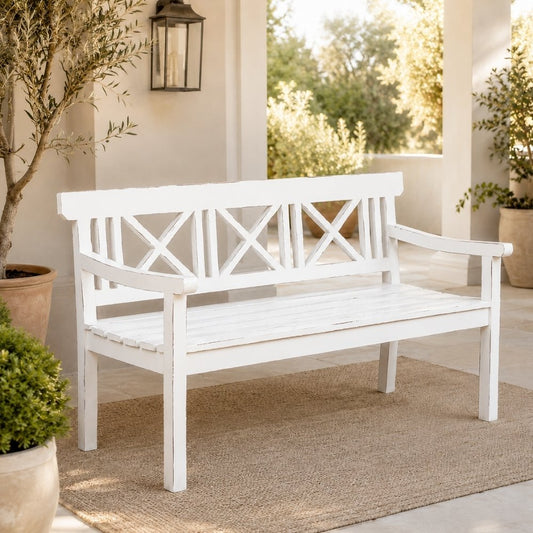 Massivholz 3-Sitzer Bank DRAHMA Antik-Weiß 150cm Shabby-Look