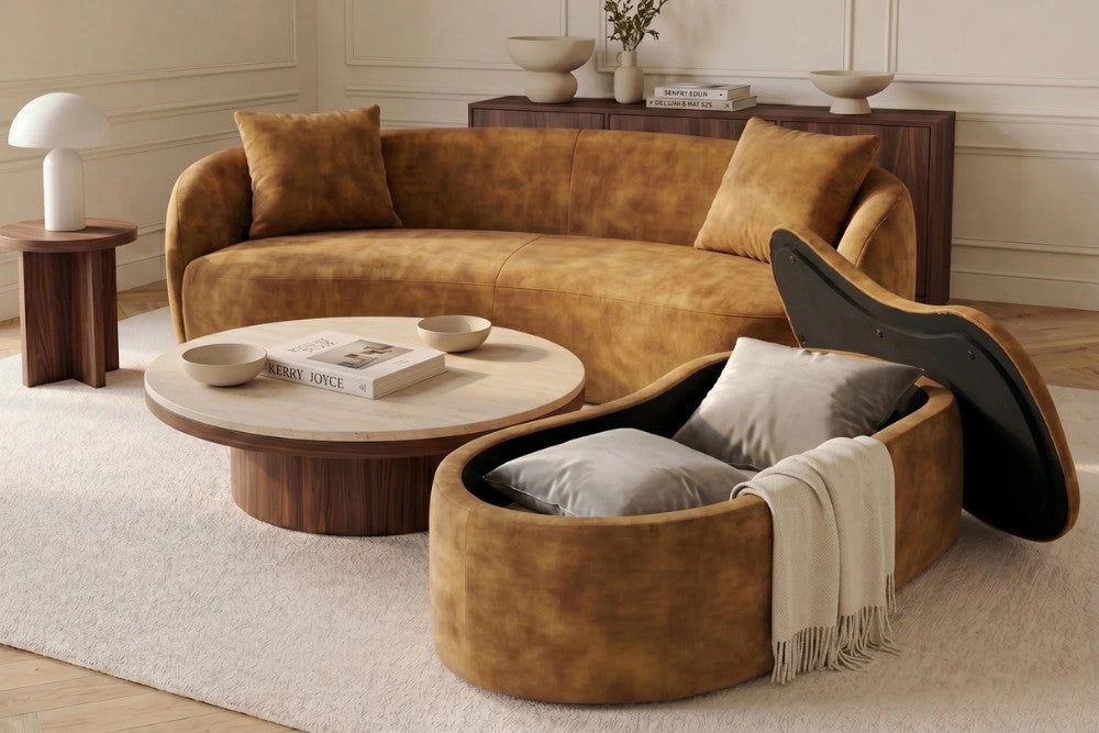 Design Polsterbank ARCO 120cm senf-gelb Samt Sitzbank Stauraum