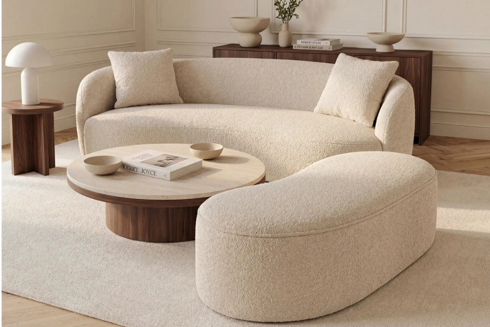 Design Polsterbank ARCO 120cm champagner beige Bouclé Sitzbank