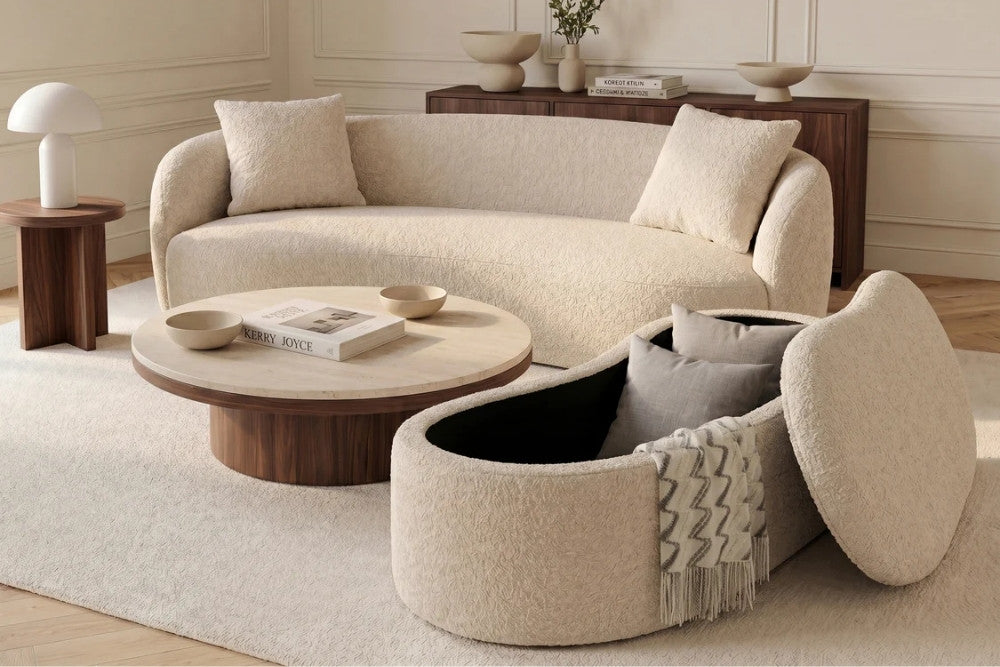 Design Polsterbank ARCO 120cm champagner beige Bouclé Sitzbank