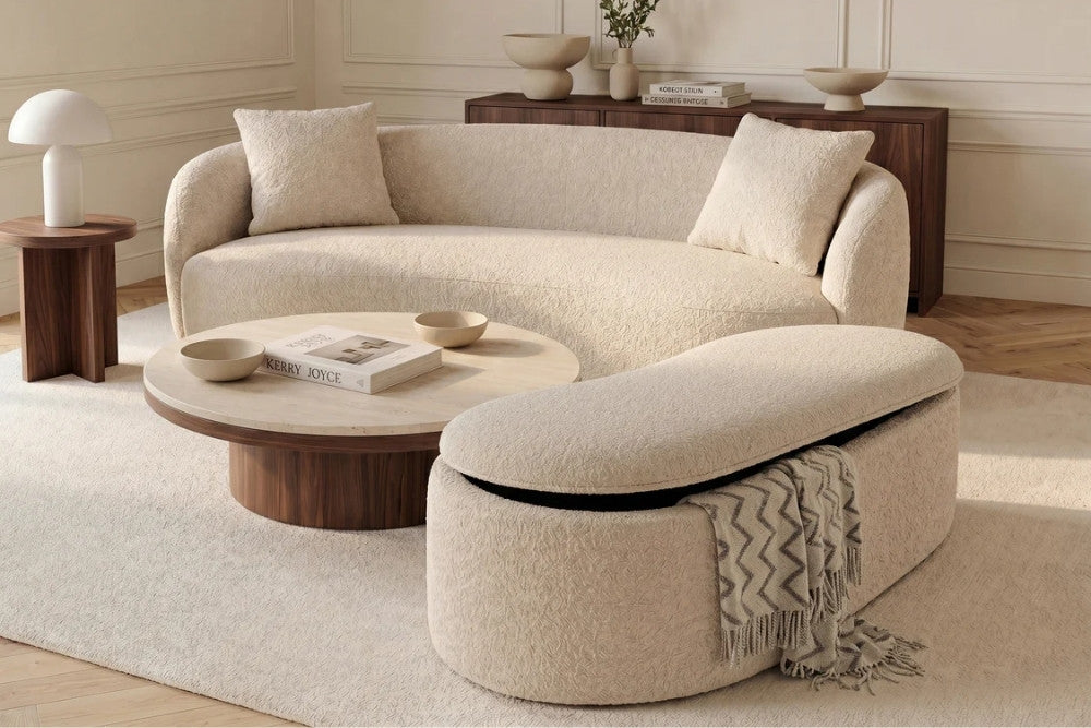 Design Polsterbank ARCO 120cm champagner beige Bouclé Sitzbank