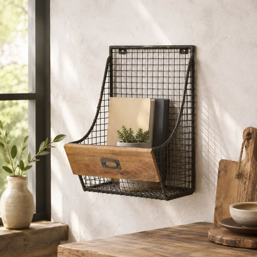 Hängekorb TOKRI 40cm Metall & Mangoholz Natur Wandregal