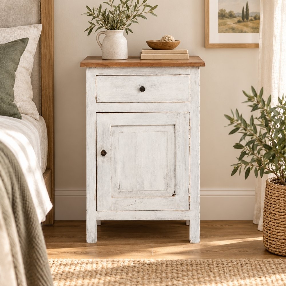 Massivholz Kommode INDO-NEW 80cm White-Brown Mahagony Nachttisch