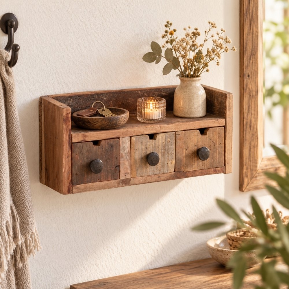 Altholz-Regal DARA 35cm 3 Schubladen Unikat Recyceltes Holz
