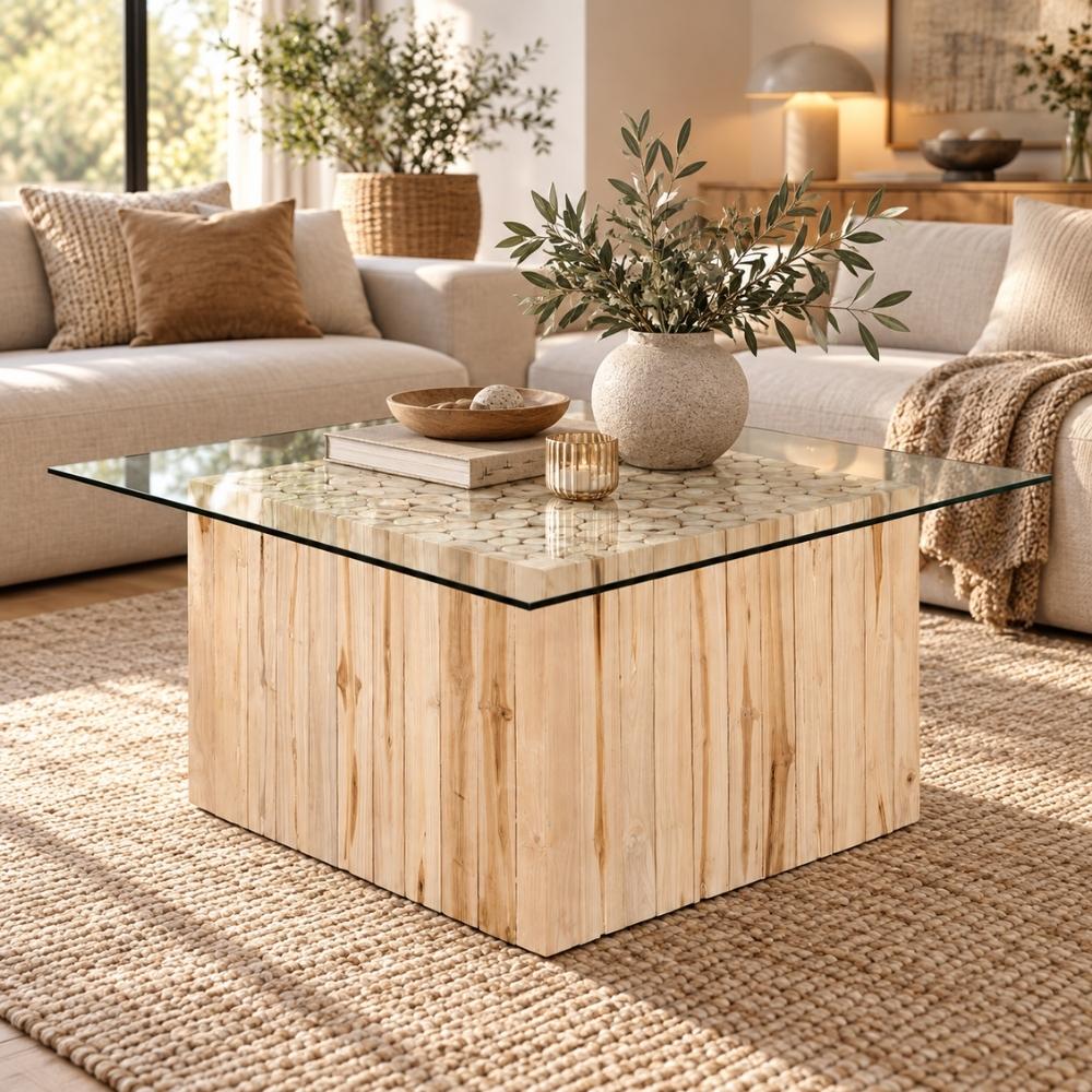 Teak Couchtisch JEFF mit Glasplatte 70x70cm Massivholz