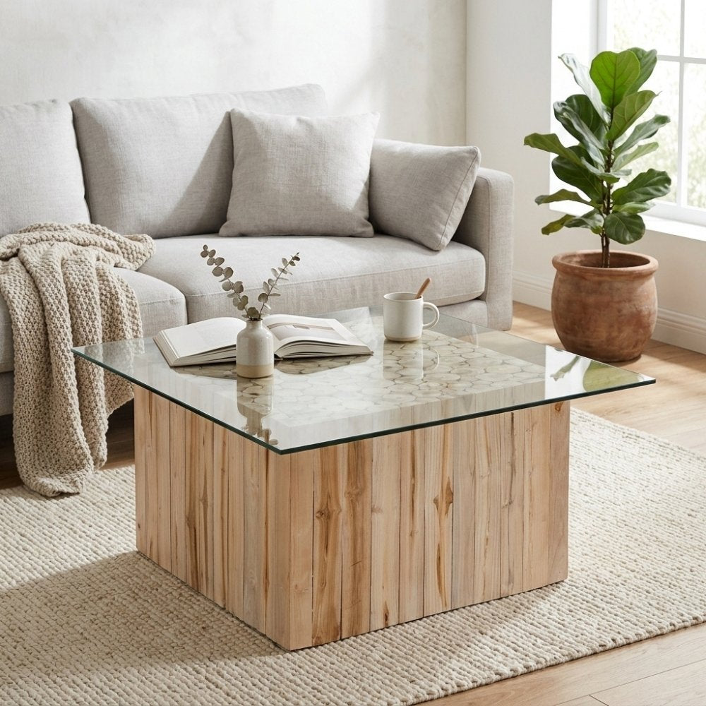 Teak Couchtisch JEFF mit Glasplatte 70x70cm Massivholz