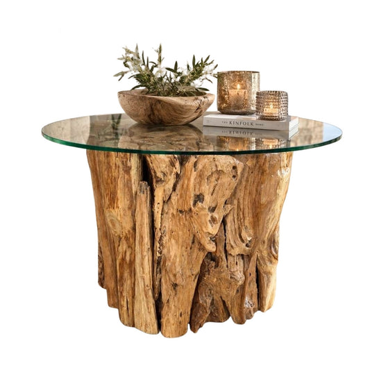 Teak Couchtisch KAYU ca. D60cm mit Glasplatte