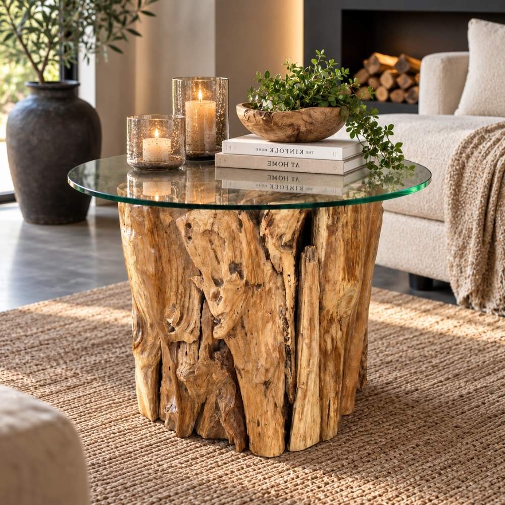 Teak Couchtisch KAYU ca. D60cm mit Glasplatte