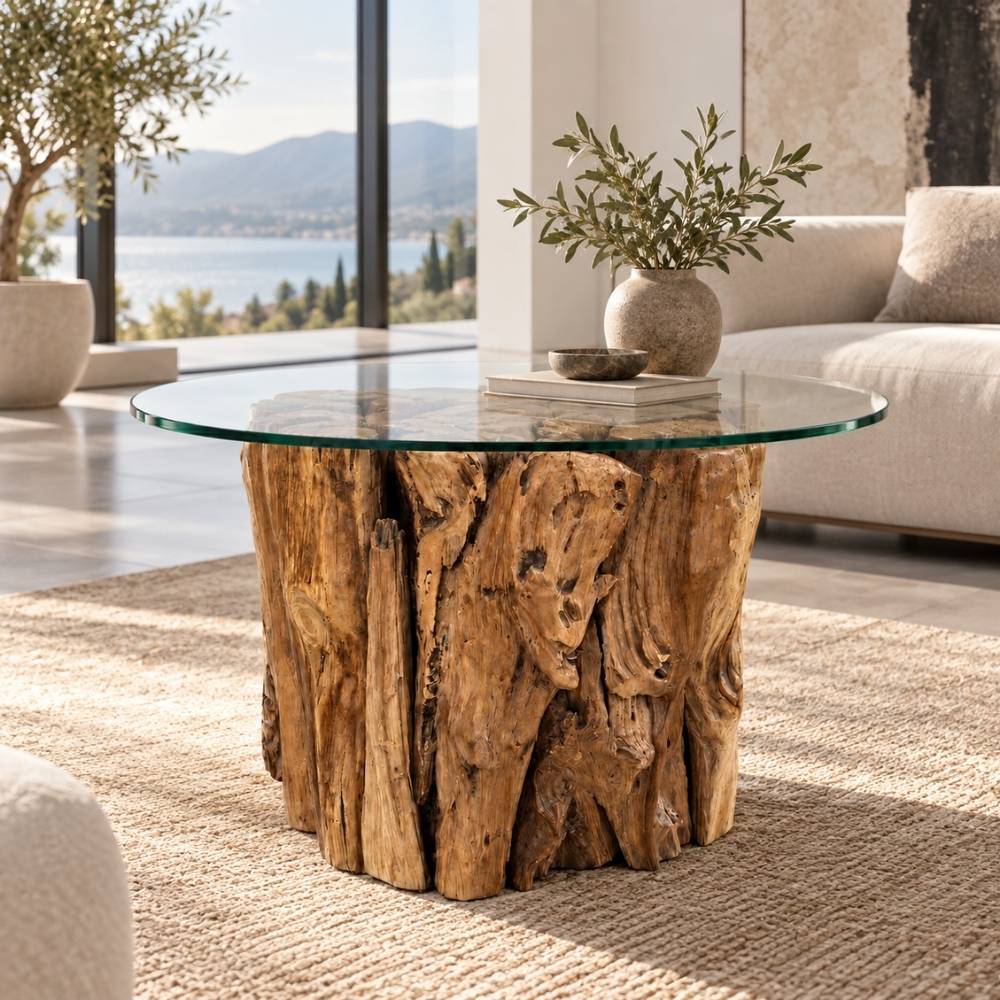 Teak Couchtisch KAYU ca. D60cm mit Glasplatte