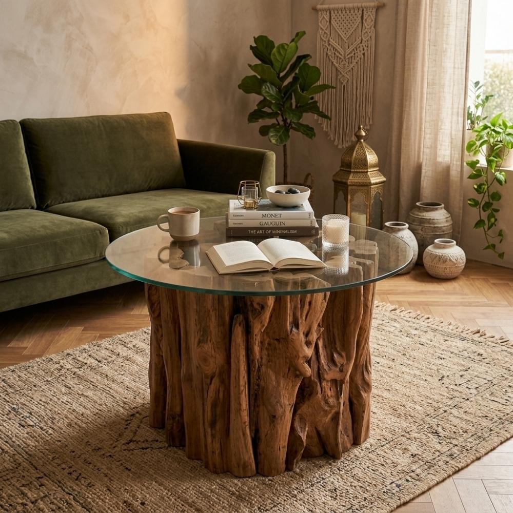 Teak Couchtisch KAYU ca. D60cm mit Glasplatte