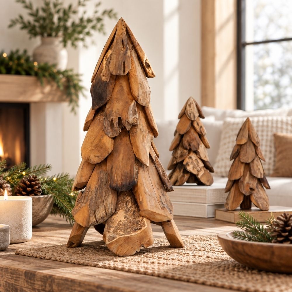 Teak-Baum CEMARA 80cm Handgefertigte Teakholz Deko Tannenbaum