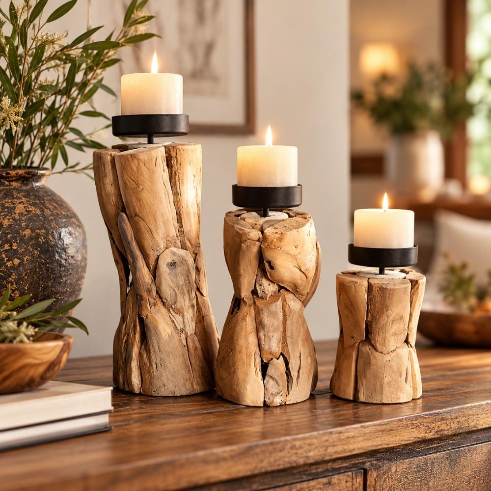 3er Set Teak Kerzenständer BATTY handgefertigte Unikate