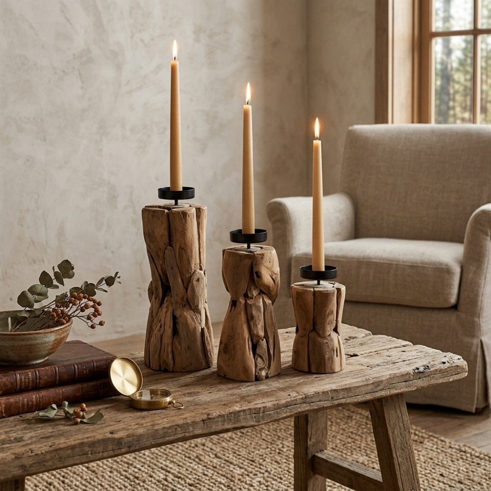 3er Set Teak Kerzenständer BATTY handgefertigte Unikate